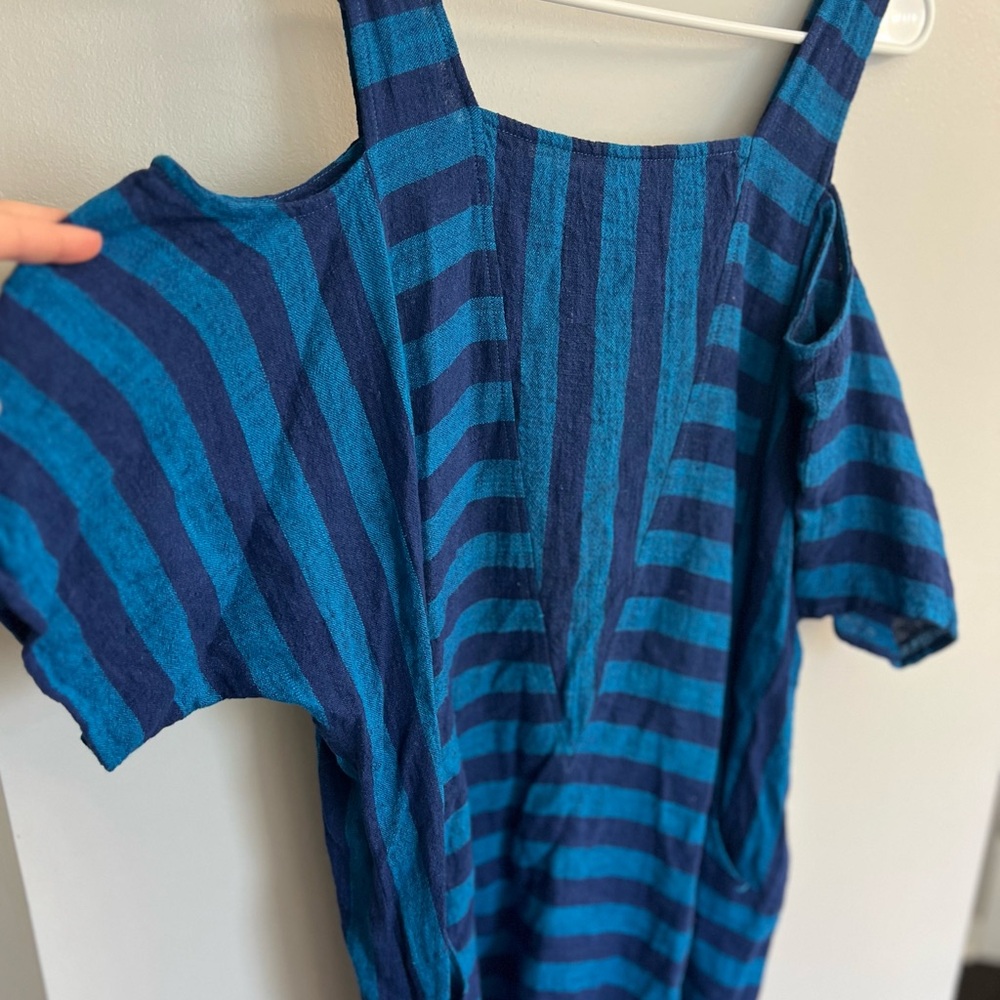 Soft Surroundings Linen Blend Blue Stripe Tunic Top Cold Shoulder Sz M Boho Chic - Picture 3 of 12